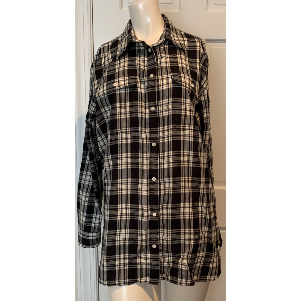 Lauren Ralph Lauren Women's Button Front Plaid Shirt Black Ivory Large L